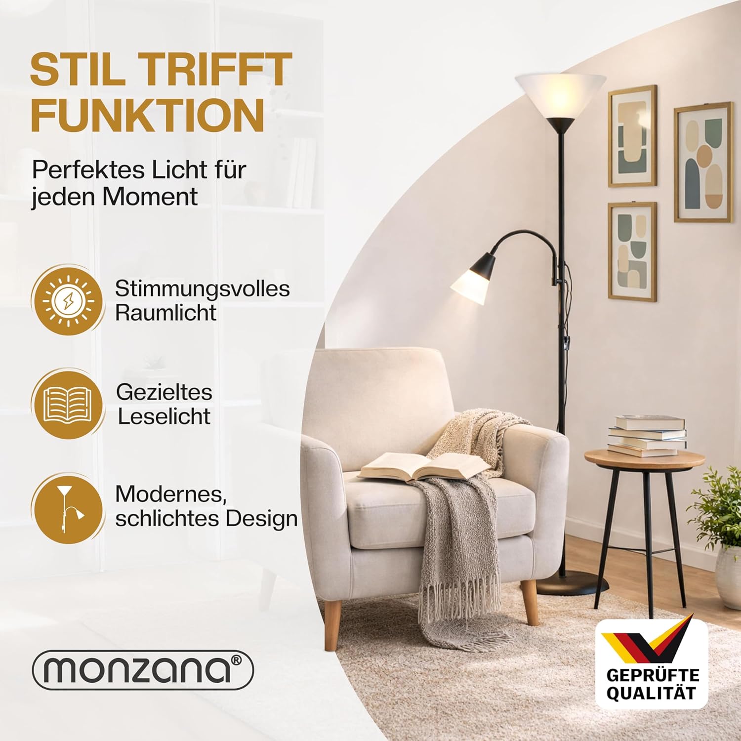 Monzana® Stehlampe 175 cm Schwarz Verstellbare Stehleuchte mit Deckenfluter und Leselampe moderne Standleuchte für Wohnzimmer Schlafzimmer Büro — Ansicht 2