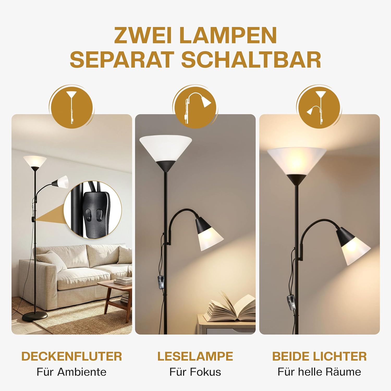 Monzana® Stehlampe 175 cm Schwarz Verstellbare Stehleuchte mit Deckenfluter und Leselampe moderne Standleuchte für Wohnzimmer Schlafzimmer Büro — Ansicht 3