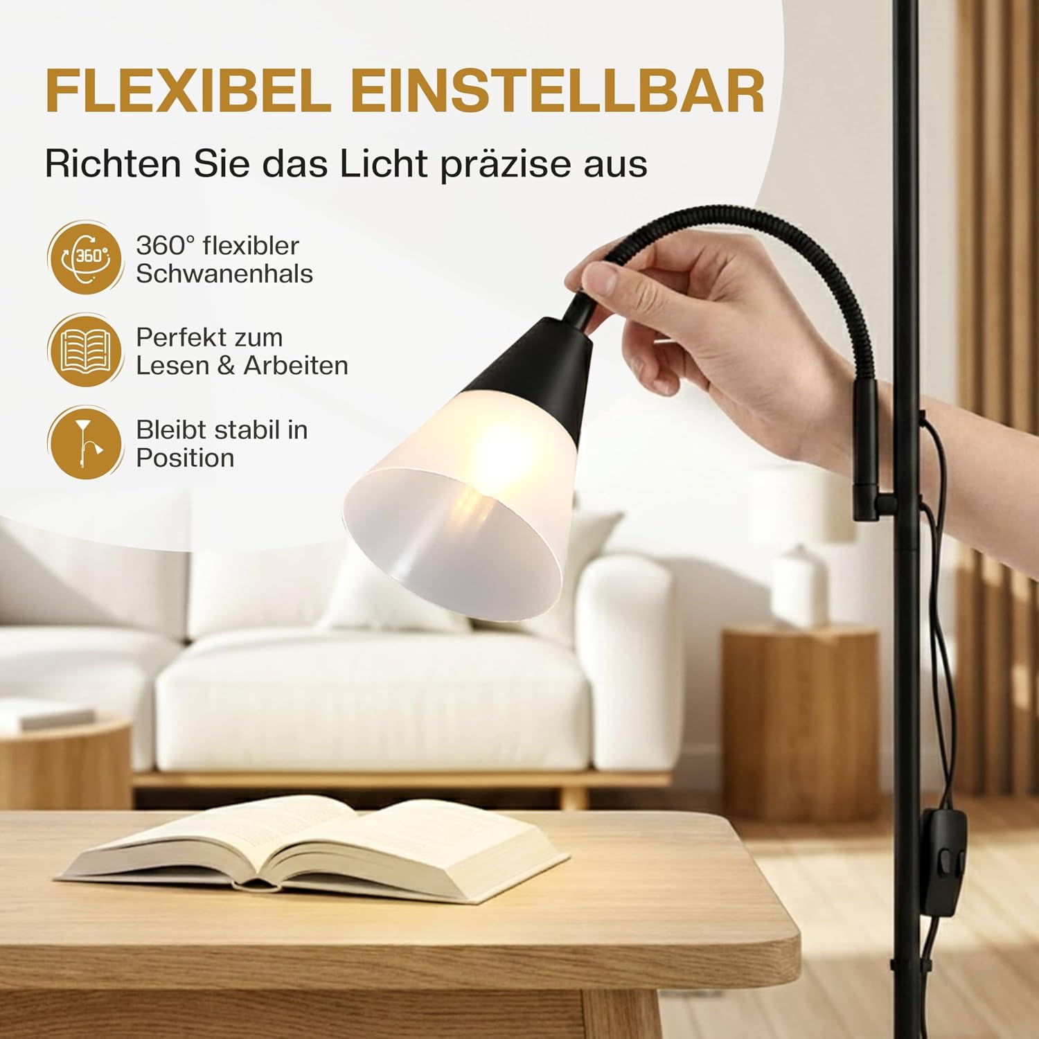Monzana® Stehlampe 175 cm Schwarz Verstellbare Stehleuchte mit Deckenfluter und Leselampe moderne Standleuchte für Wohnzimmer Schlafzimmer Büro — Ansicht 4