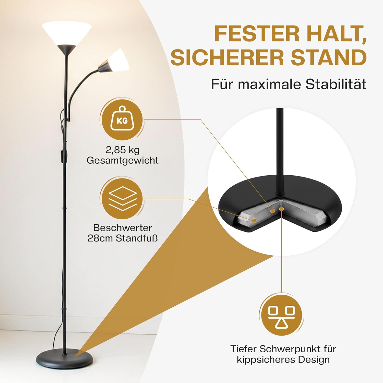Monzana® Stehlampe 175 cm Schwarz Verstellbare Stehleuchte mit Deckenfluter und Leselampe moderne Standleuchte für Wohnzimmer Schlafzimmer Büro — Ansicht 5