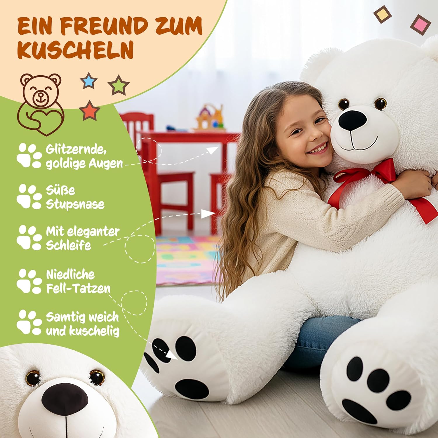 monzana® Teddybär L - XXXL 50-175cm Weiches Fell Schleife Tatzendruck Geschenk Plüschtier Kuscheltier Stofftier Riesen Teddy Bär — Ansicht 2