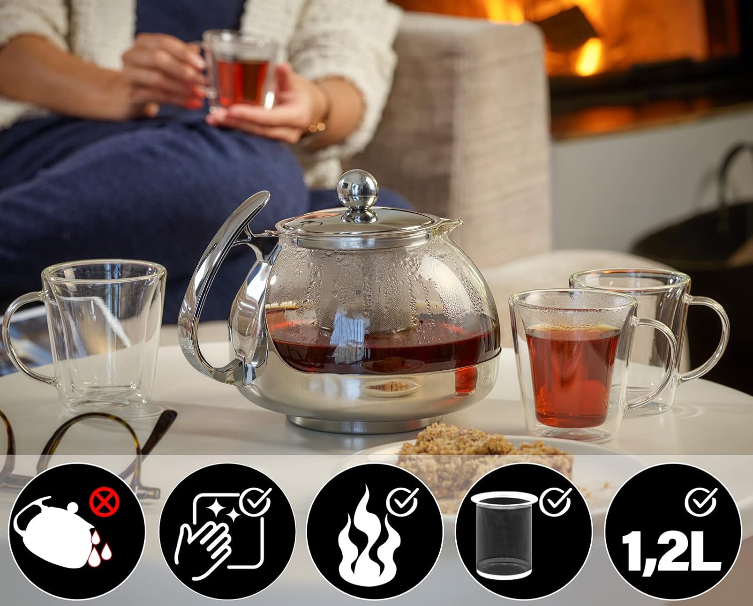 MONZANA® Teekanne mit Siebeinsatz Glas 1,2 Liter Hitzebeständig Teesieb Herausnehmbar Glaskanne für losen Tee Edelstahl Deckel Borosilikatglas Henkel — Ansicht 2