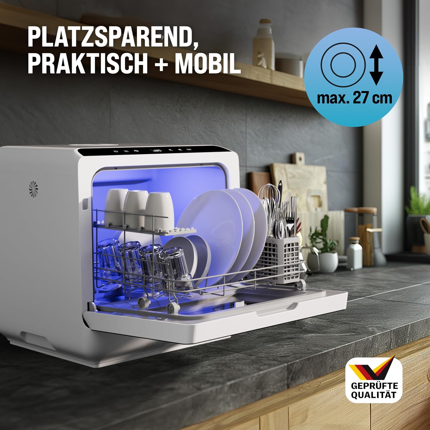 MONZANA® Tischspülmaschine ohne Wasseranschluss App Funktion sparsamer Verbrauch 4,5L 6 Programme 4 Gedecke 45cm Mini Geschirrspüler Spülmaschine Weiß — Ansicht 2