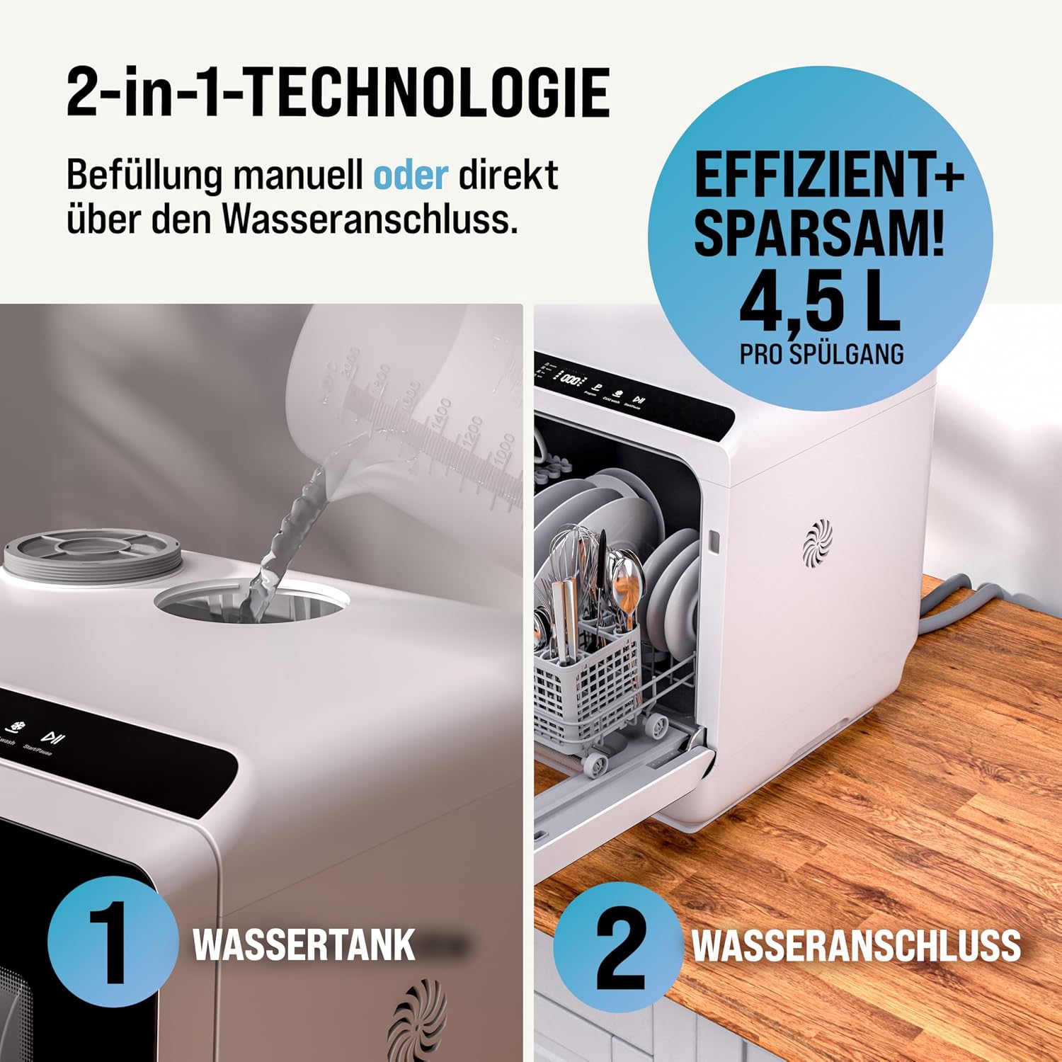 MONZANA® Tischspülmaschine ohne Wasseranschluss App Funktion sparsamer Verbrauch 4,5L 6 Programme 4 Gedecke 45cm Mini Geschirrspüler Spülmaschine Weiß — Ansicht 4