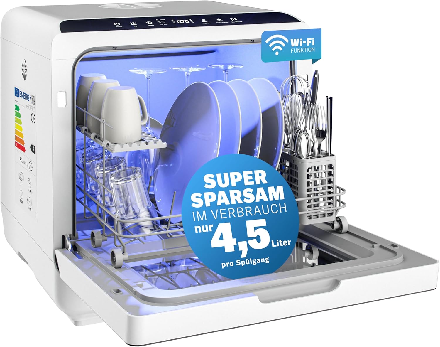MONZANA® Tischspülmaschine ohne Wasseranschluss App Funktion sparsamer Verbrauch 4,5L 6 Programme 4 Gedecke 45cm Mini Geschirrspüler Spülmaschine Weiß