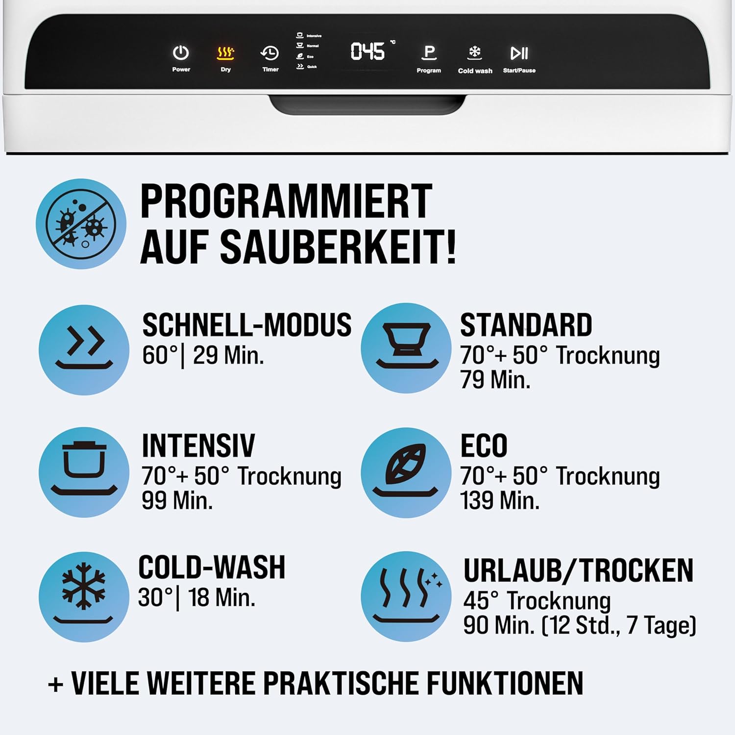 MONZANA® Tischspülmaschine ohne Wasseranschluss App Funktion sparsamer Verbrauch 4,5L 6 Programme 4 Gedecke 45cm Mini Geschirrspüler Spülmaschine Weiß — Ansicht 5