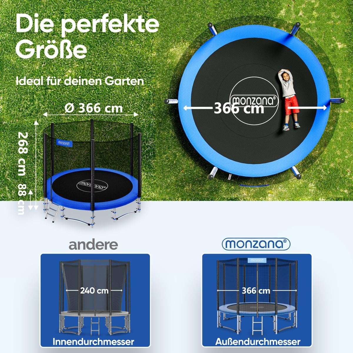 Monzana® Trampolin Ø 183/244/305/366/427 cm TÜV SÜD GS Zertifiziert Komplettset inkl. Sicherheitsnetz Leiter Randabdeckung Kindertrampolin Gartentrampolin — Ansicht 6