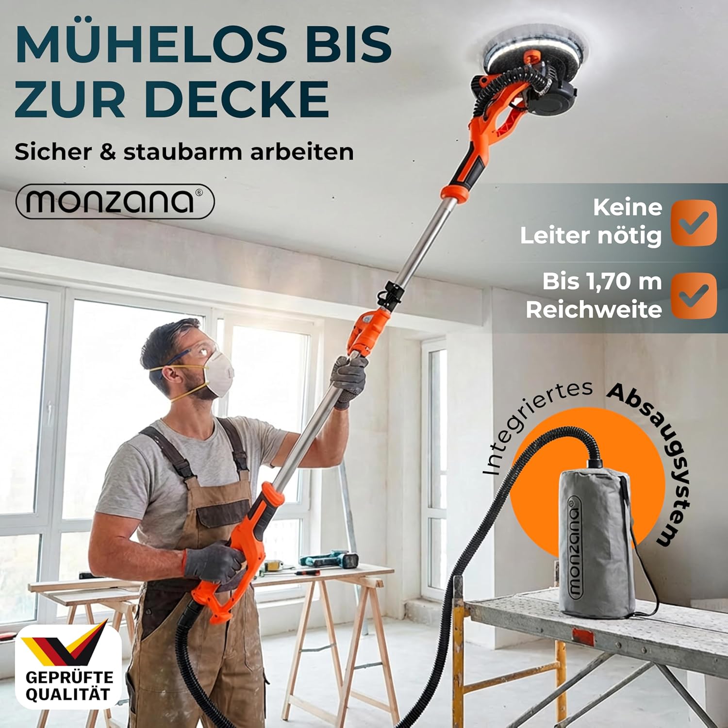 MONZANA® Trockenbauschleifer 750 Watt max Drehzahl 1750 U/min 12x Ø 225mm Schleifscheiben inkl Absaugbeutel LED-Licht Deckenschleifer Schleifmaschine — Ansicht 2