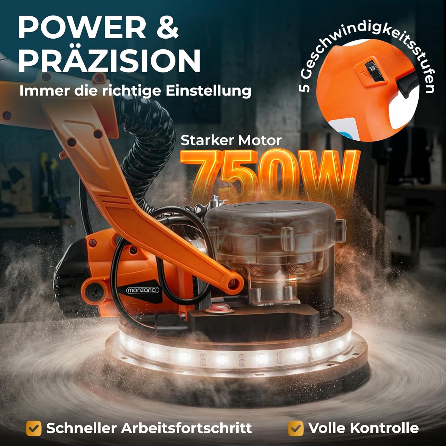 MONZANA® Trockenbauschleifer 750 Watt max Drehzahl 1750 U/min 12x Ø 225mm Schleifscheiben inkl Absaugbeutel LED-Licht Deckenschleifer Schleifmaschine — Ansicht 4
