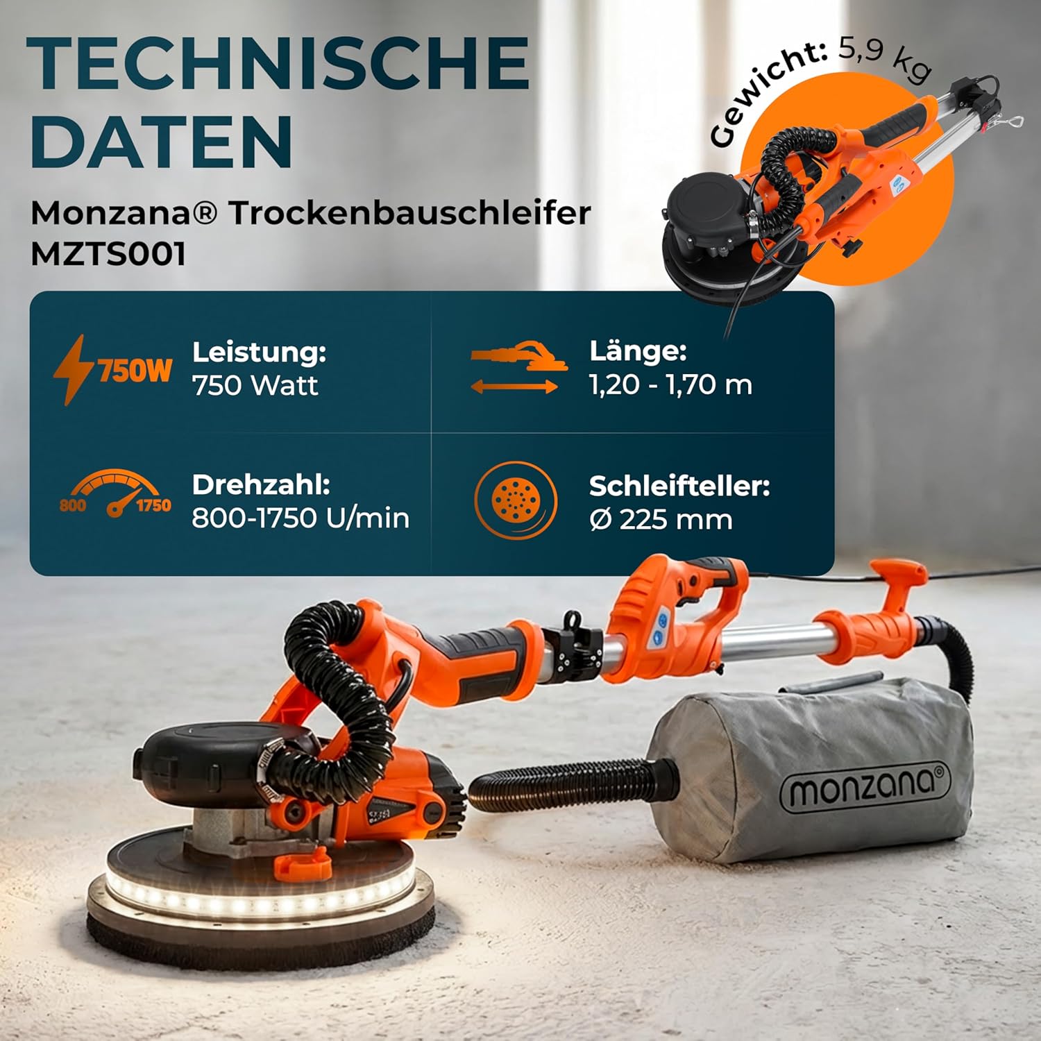 MONZANA® Trockenbauschleifer 750 Watt max Drehzahl 1750 U/min 12x Ø 225mm Schleifscheiben inkl Absaugbeutel LED-Licht Deckenschleifer Schleifmaschine — Ansicht 6