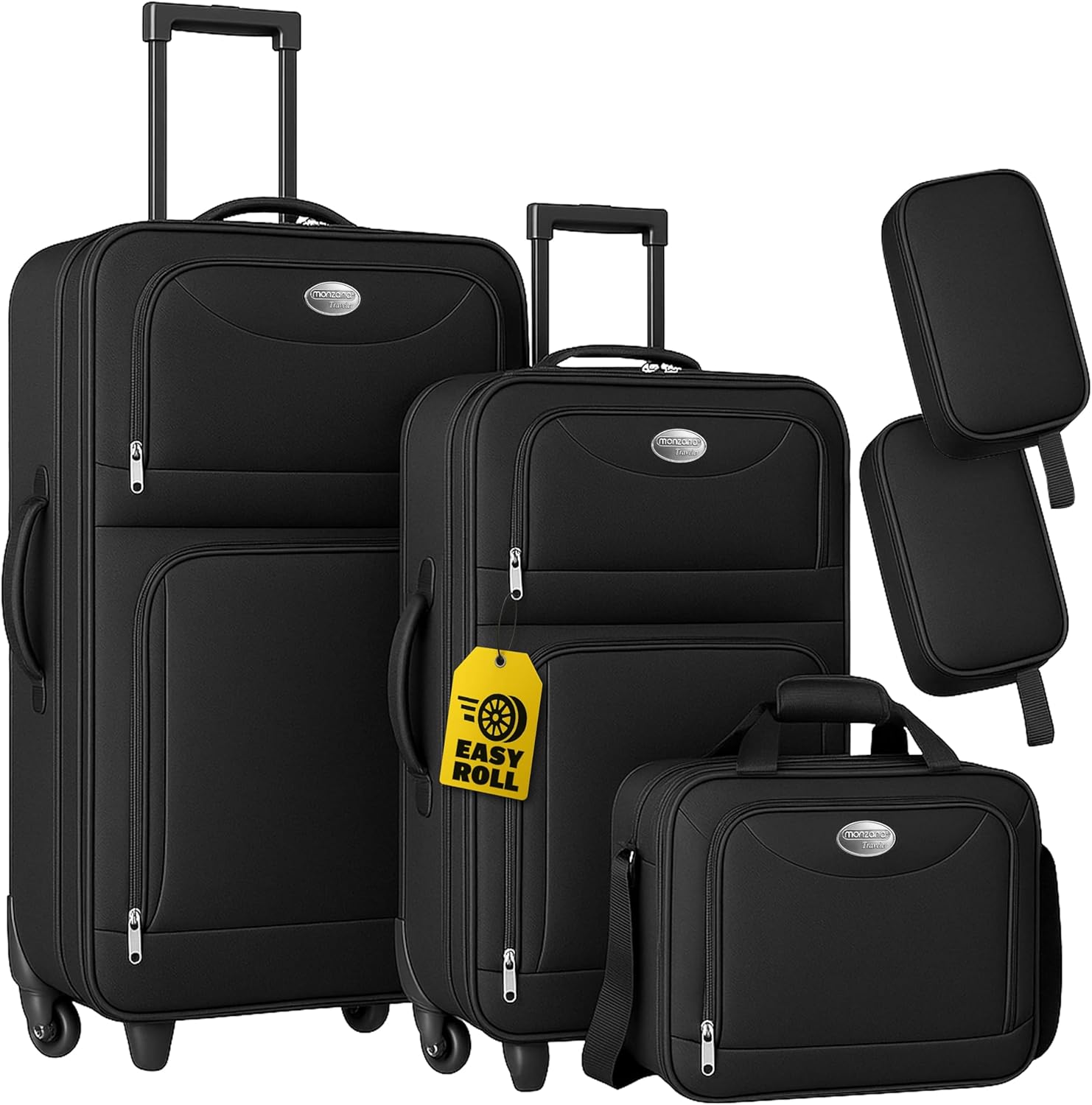 MONZANA® Trolley Kofferset Reisetaschen Set Kulturbeutel Netzfach Rollen Teleskopgriff Koffer Reisetasche mit Rollen schwarz