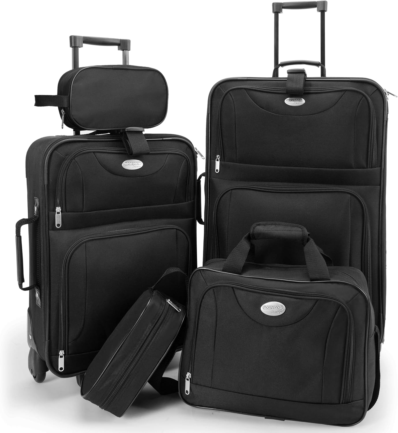 MONZANA® Trolley Kofferset Reisetaschen Set Kulturbeutel Netzfach Rollen Teleskopgriff Koffer Reisetasche mit Rollen schwarz — Ansicht 3