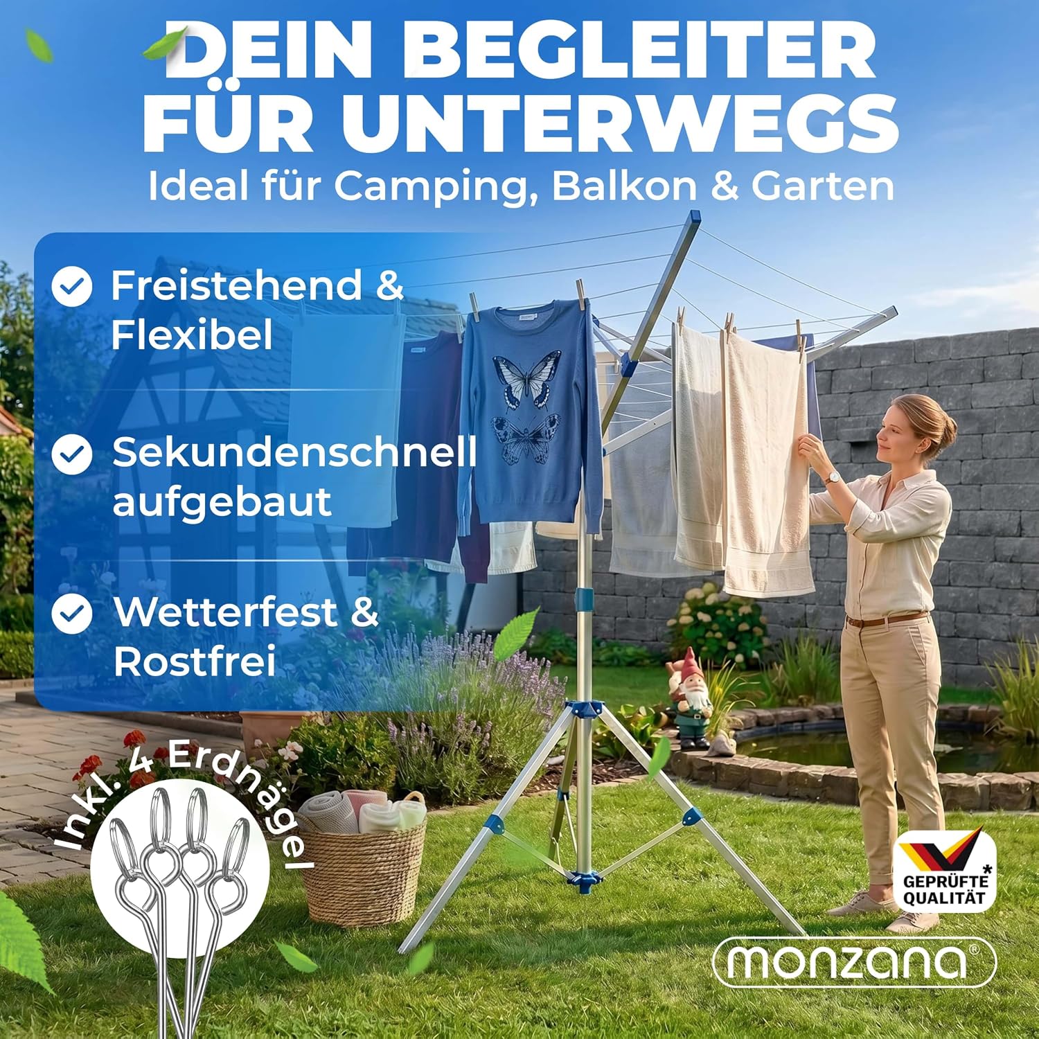 Monzana® Wäschespinne Höhenverstellbar Camping Wäscheständer Wäscheleine Garten — Ansicht 2