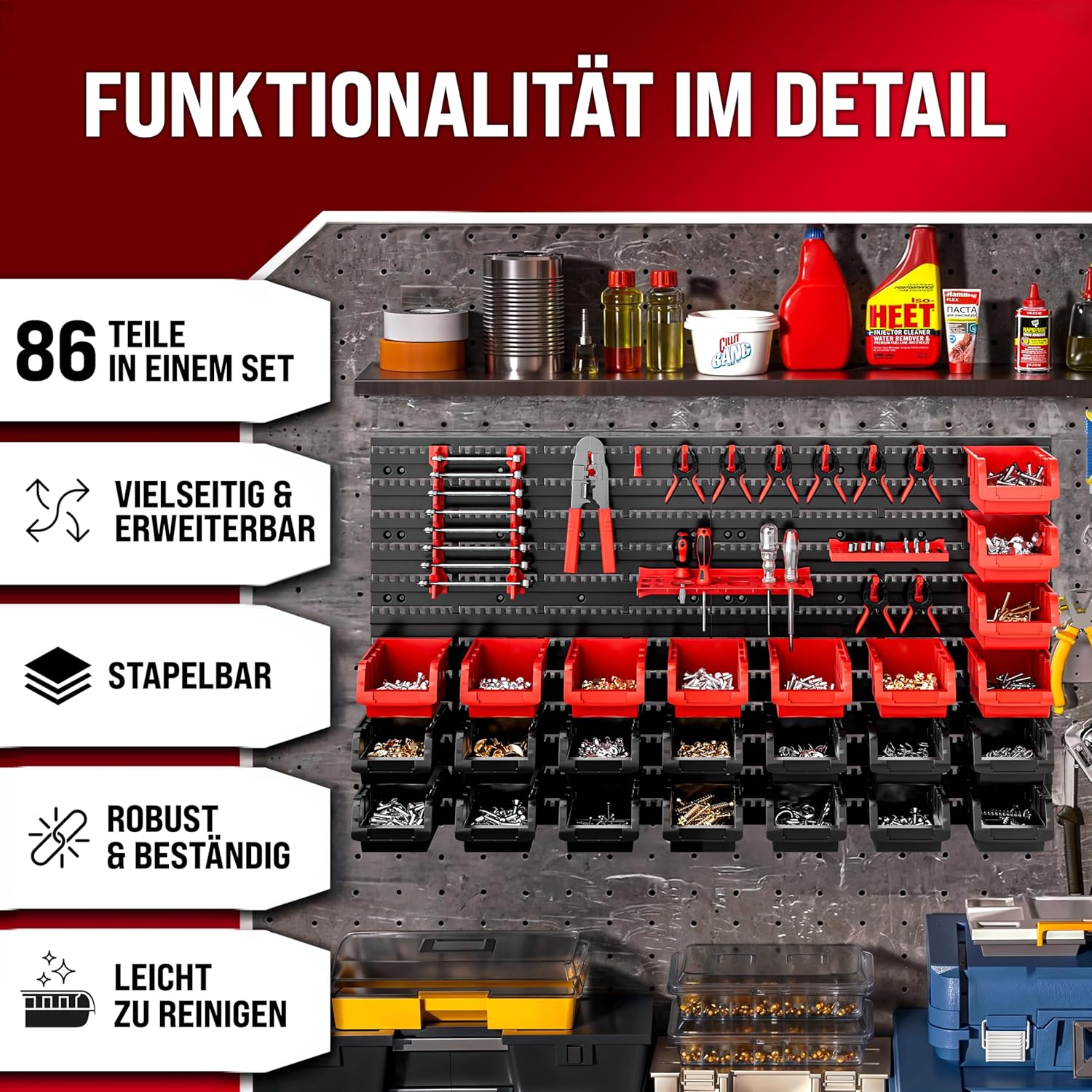 Monzana® Wandregal 86 tlg mit Stapelboxen und Werkzeughalter Box Erweiterbar Werkzeuglochwand Werkstattregal — Ansicht 3
