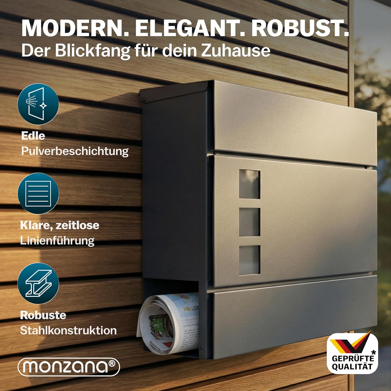 MONZANA® XXL Briefkasten Postkasten mit Zeitungsfach Sichtfenster abschließbar 2 Schlüssel Montagematerial Stahl modern einfache Montage Zeitungsrolle Wandbriefkasten Anthrazit — Ansicht 2