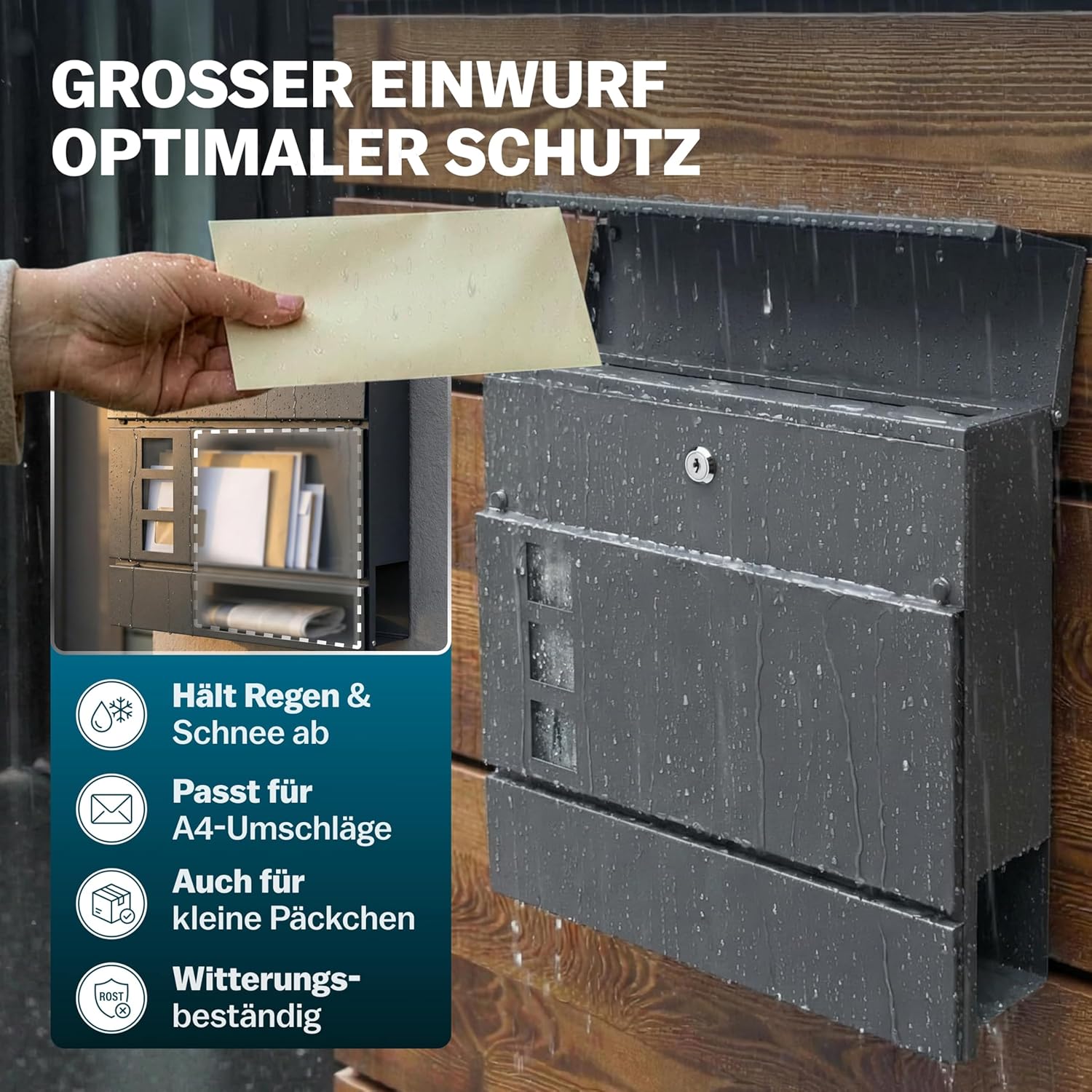 MONZANA® XXL Briefkasten Postkasten mit Zeitungsfach Sichtfenster abschließbar 2 Schlüssel Montagematerial Stahl modern einfache Montage Zeitungsrolle Wandbriefkasten Anthrazit — Ansicht 3