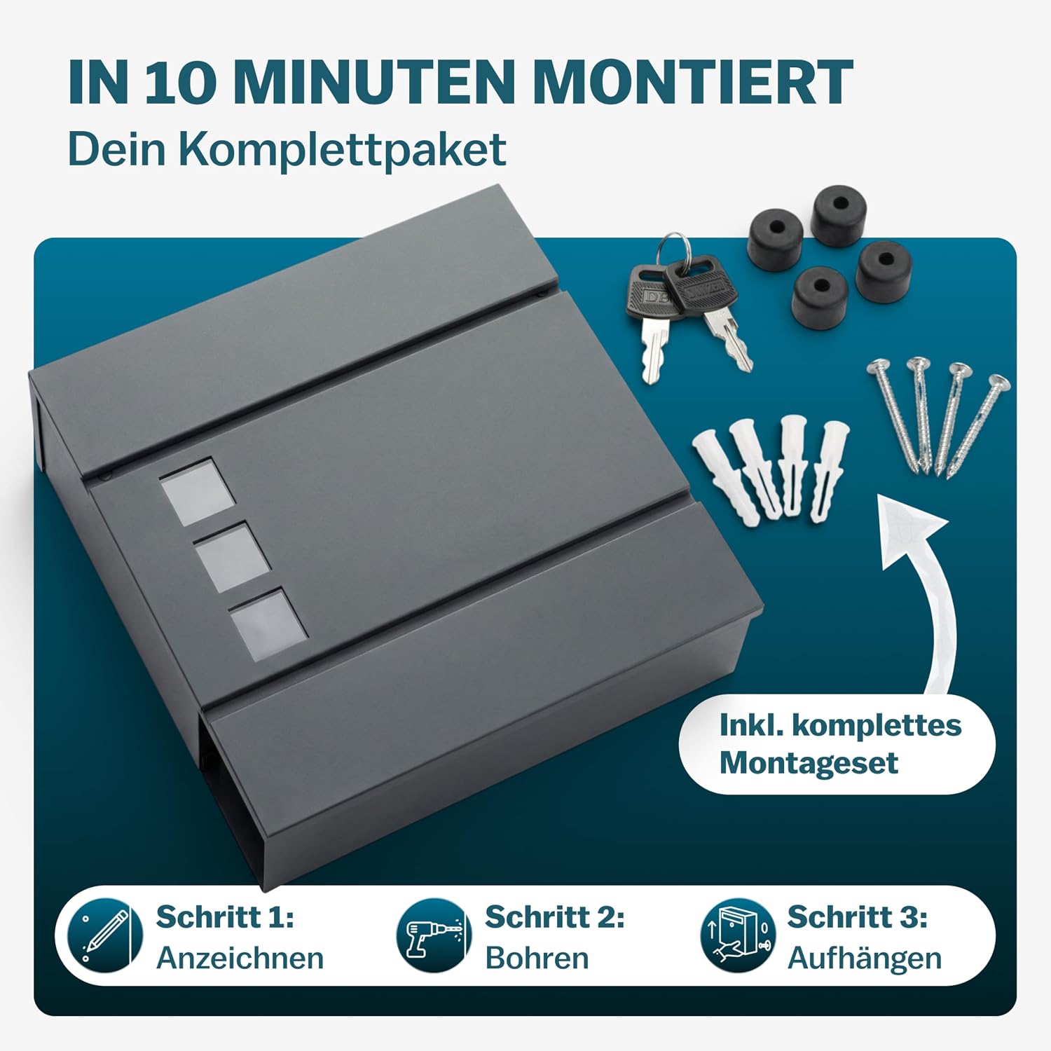 MONZANA® XXL Briefkasten Postkasten mit Zeitungsfach Sichtfenster abschließbar 2 Schlüssel Montagematerial Stahl modern einfache Montage Zeitungsrolle Wandbriefkasten Anthrazit — Ansicht 5